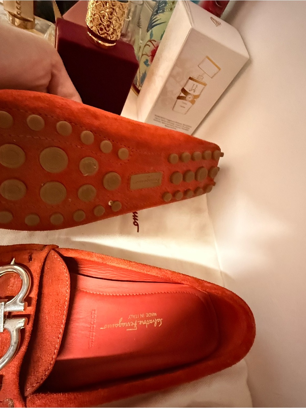 Salvatore Ferragamo Orange Suede Gancini Driving Loafers - Picture 4 of 5